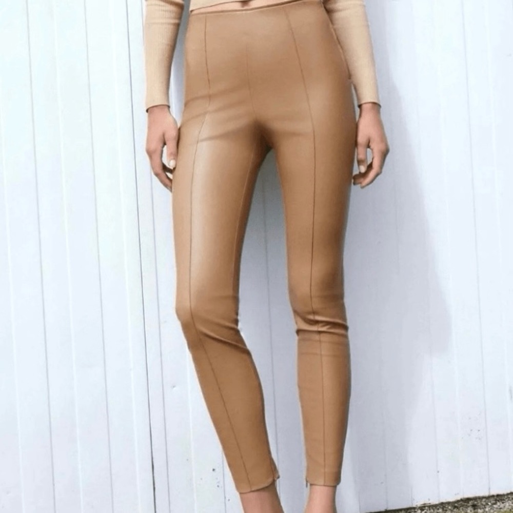 Zara High Rise Faux Leather Pants Tan Beige Synthetic Skinny Leggings Small